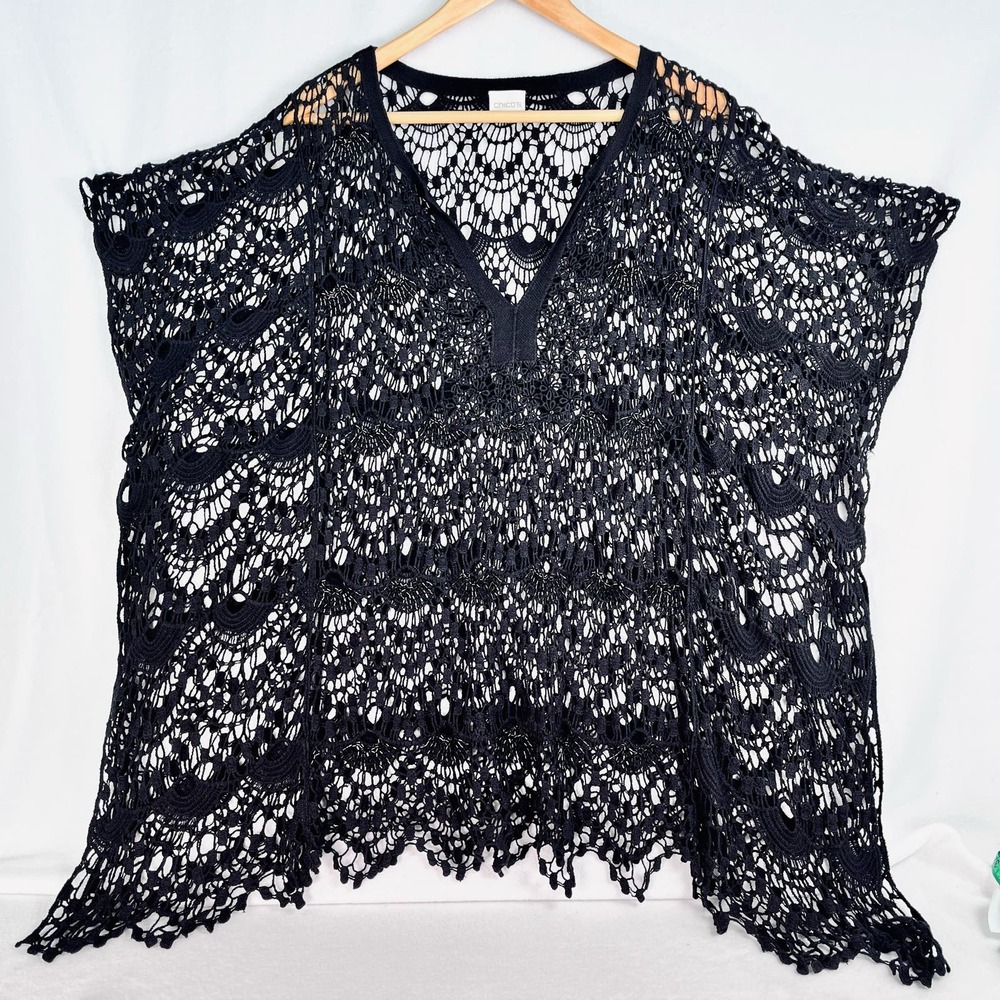 CHICO'S Bianca Lace Poncho Top Sz 3 Crocheted Boho Beaded Shirt Coverup Flirty